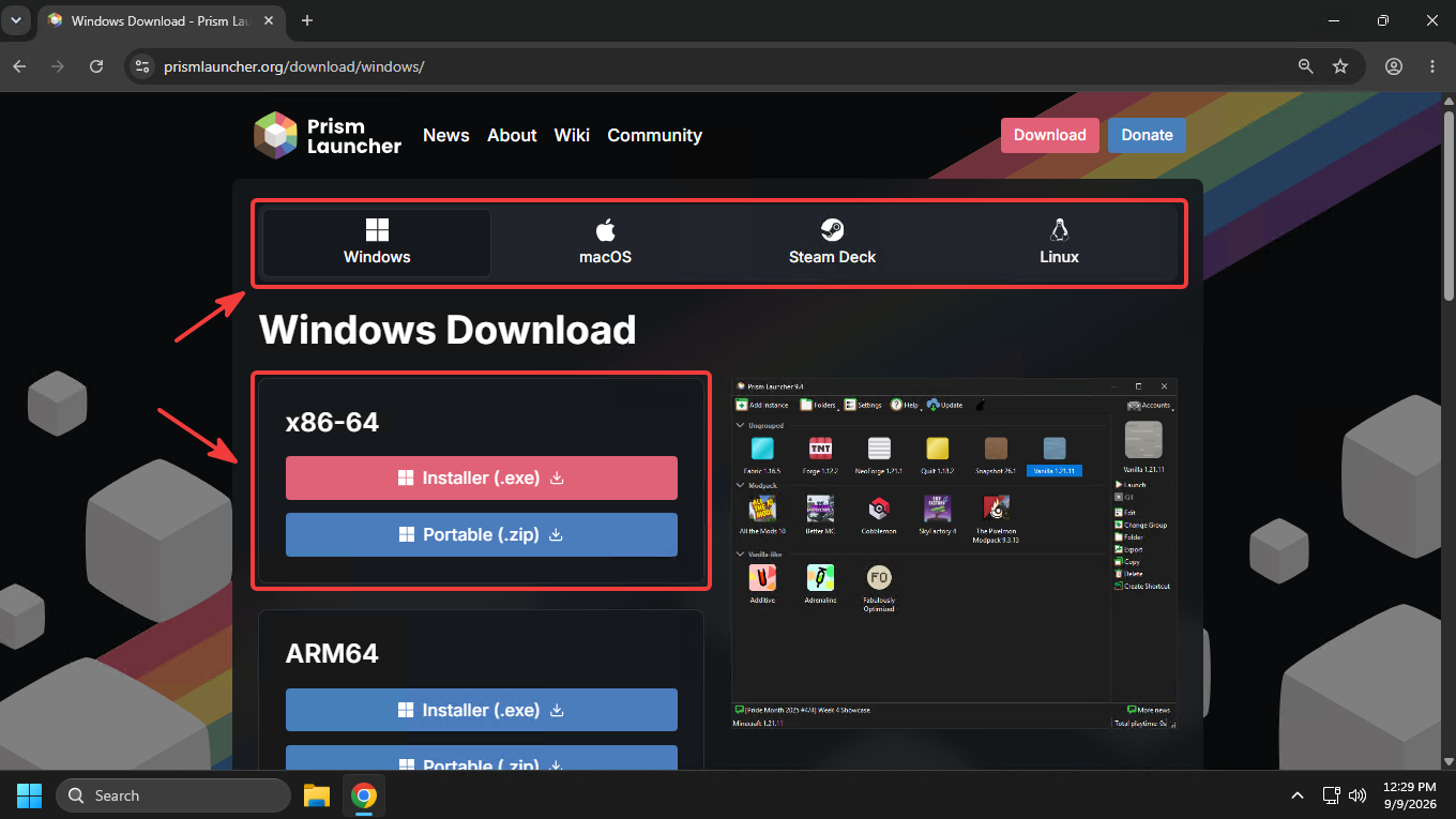 Selecting the x86-64 installer